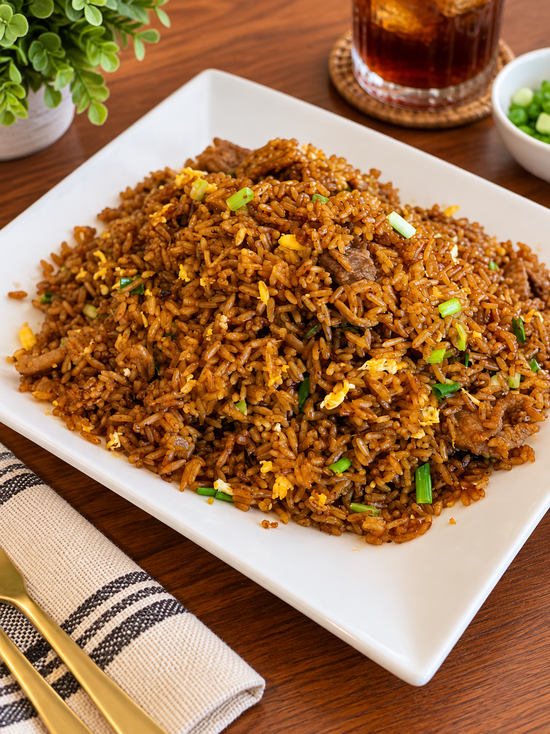 Plate of Ghanaian fried rice with beef strips, egg and spring onion
